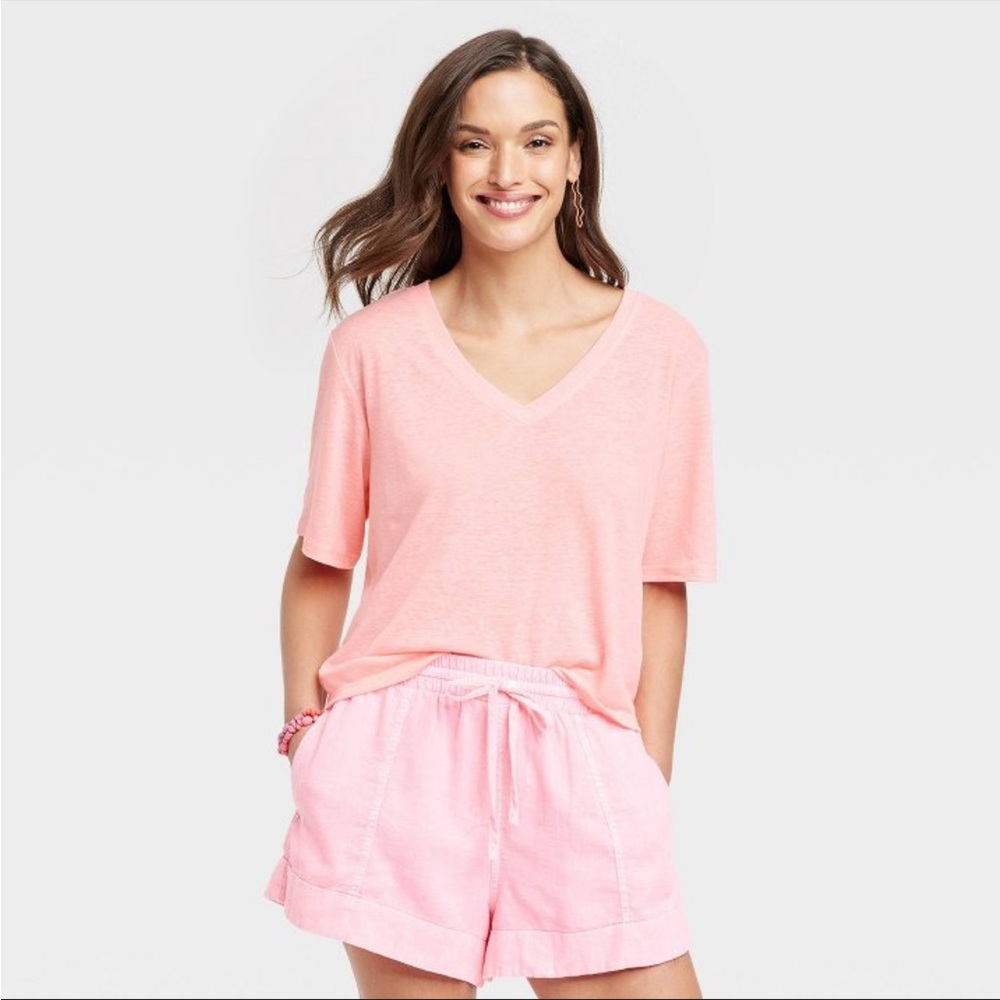 Women's Linen Boxy V-Neck Short Sleeve T-Shirt - Universal Thread Pink S